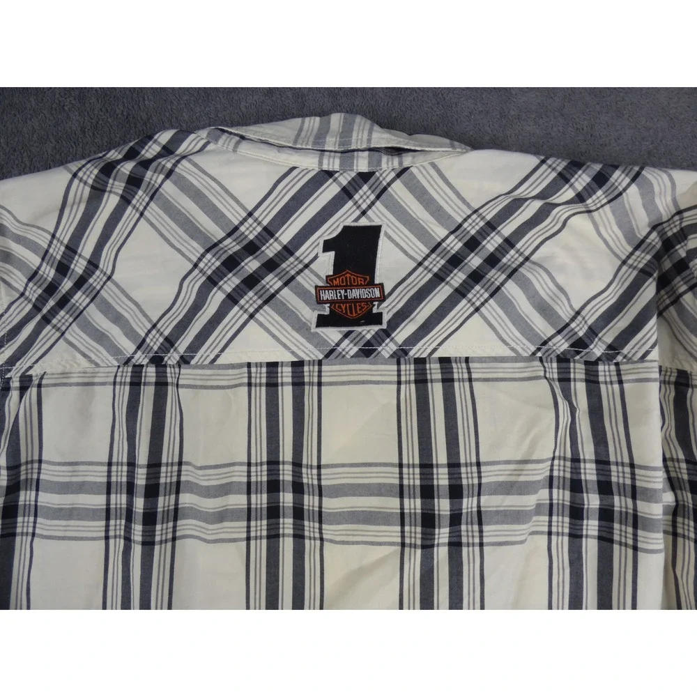 Harley-Davidson Racing Mens Plaid Button Down Shirt Cream Black Long Sleeve 2XL